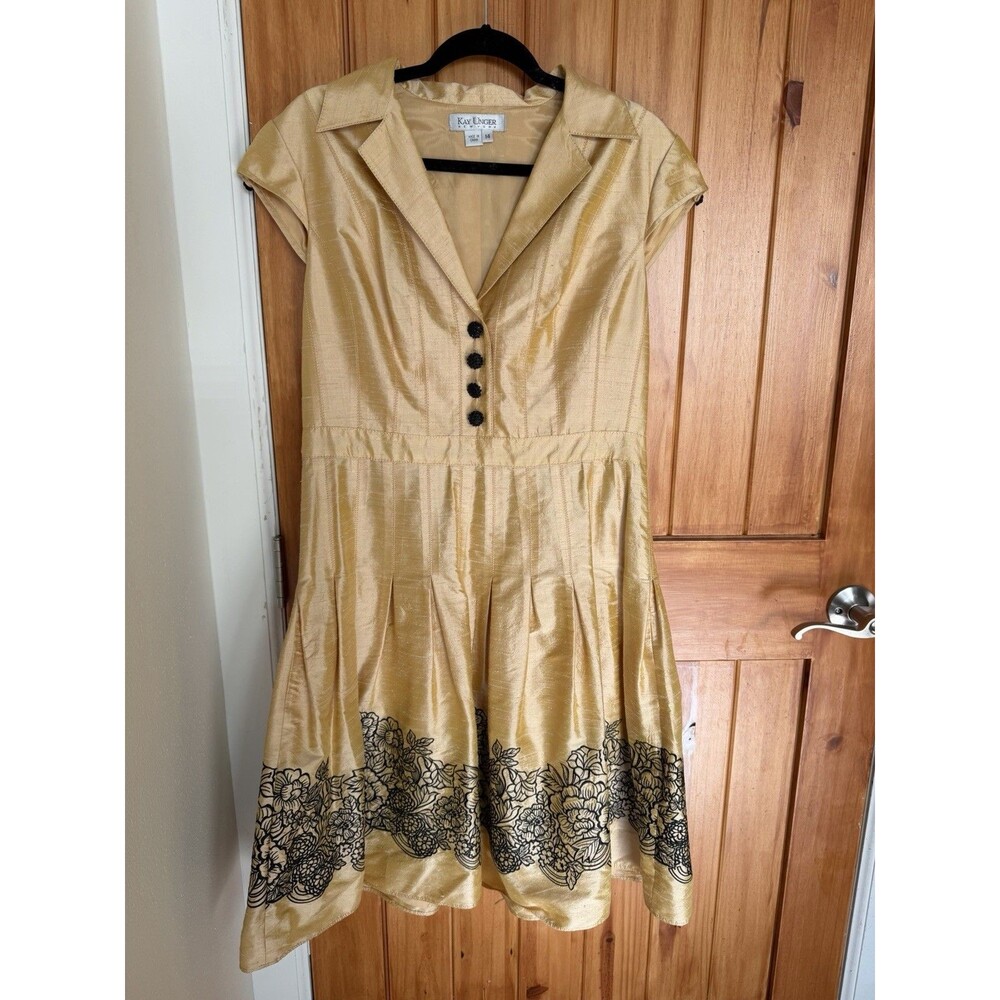 Kay Unger Gold Midi Dress with Black Floral Hem